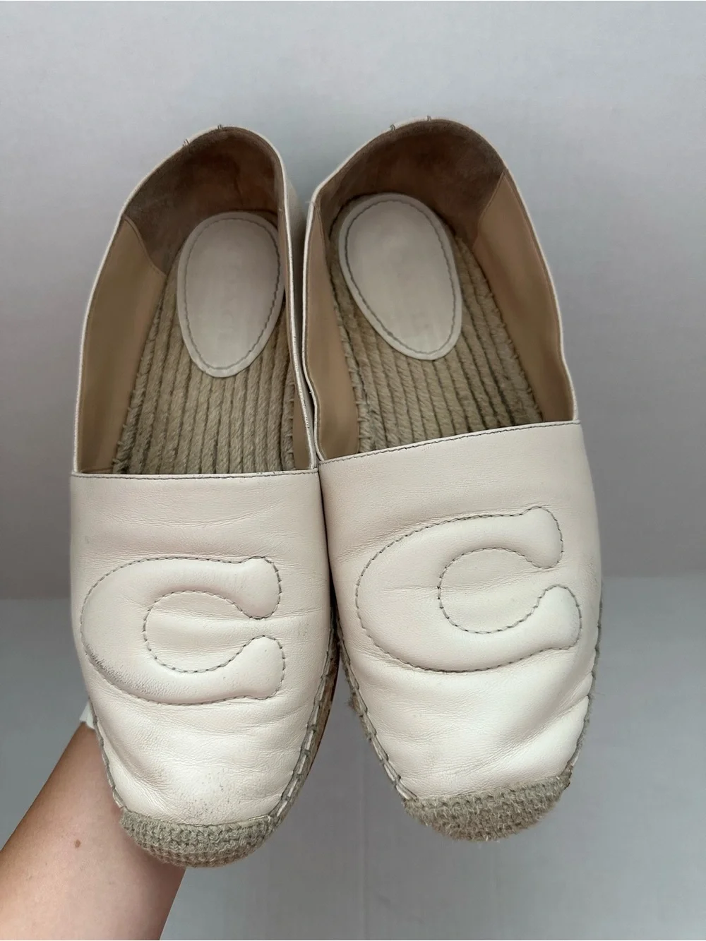 Coach Cream Leather Espadrille Flats with Quilted C Logo
