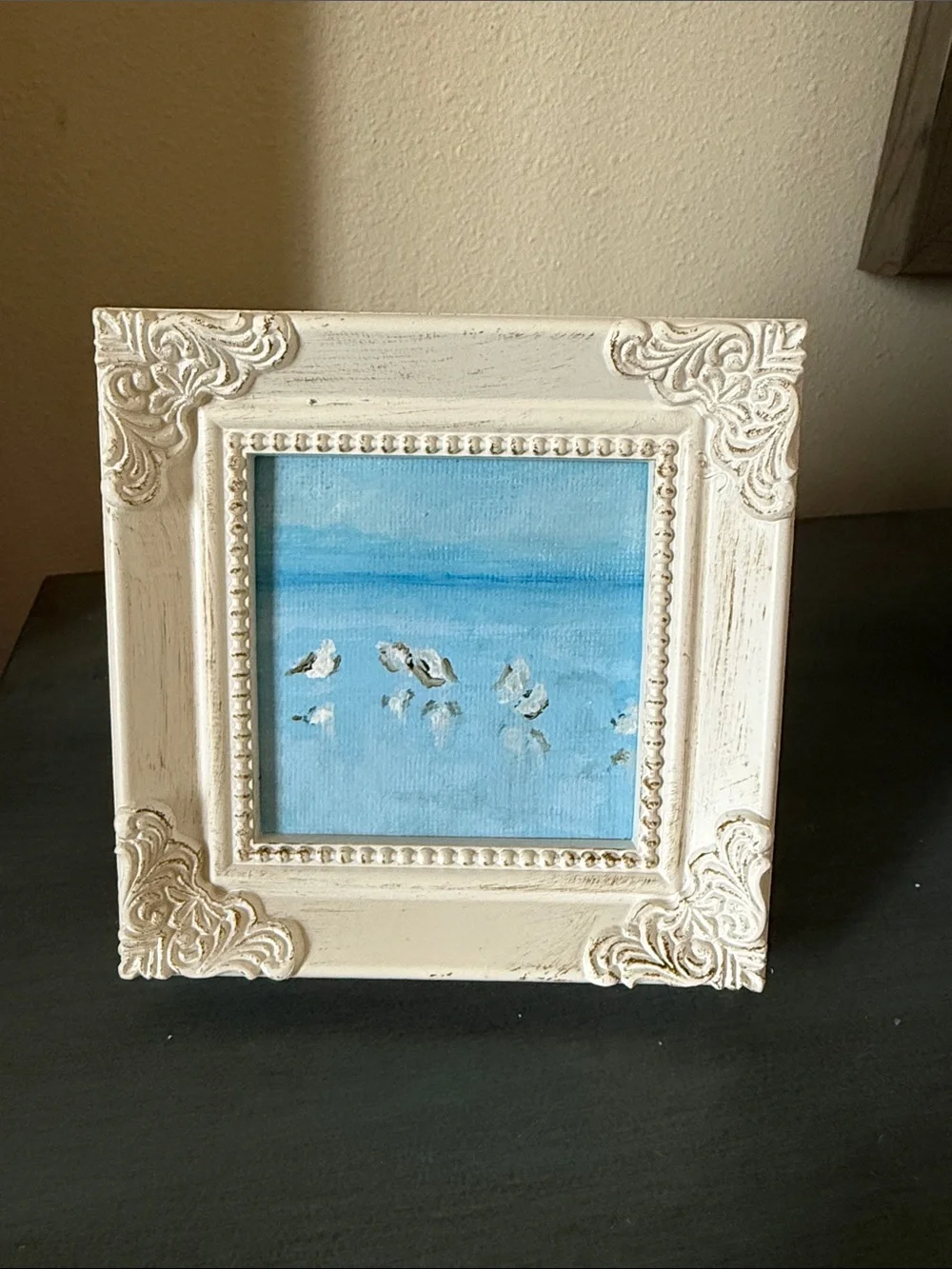 White Ornate Mini Frame Wall Art - Coastal Blue Snowpoulers Painting