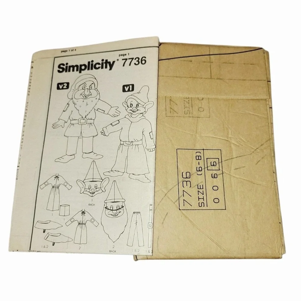 Vintage Simplicity 7736 Disney Dopey Grumpy Dwarf Costume Pattern‎ Child 6-8