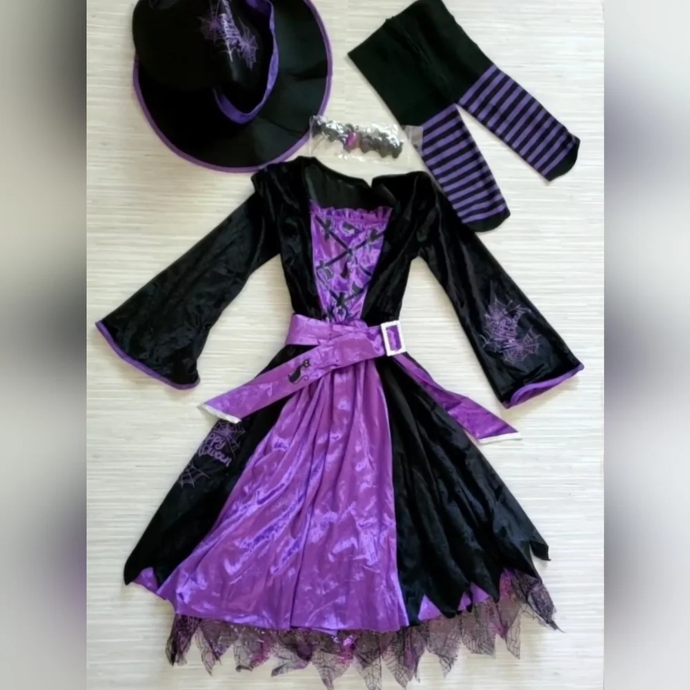 Witch Costume 5pc Halloween Set Small 5-7 Years Dress Belt Hat Choker Leggings