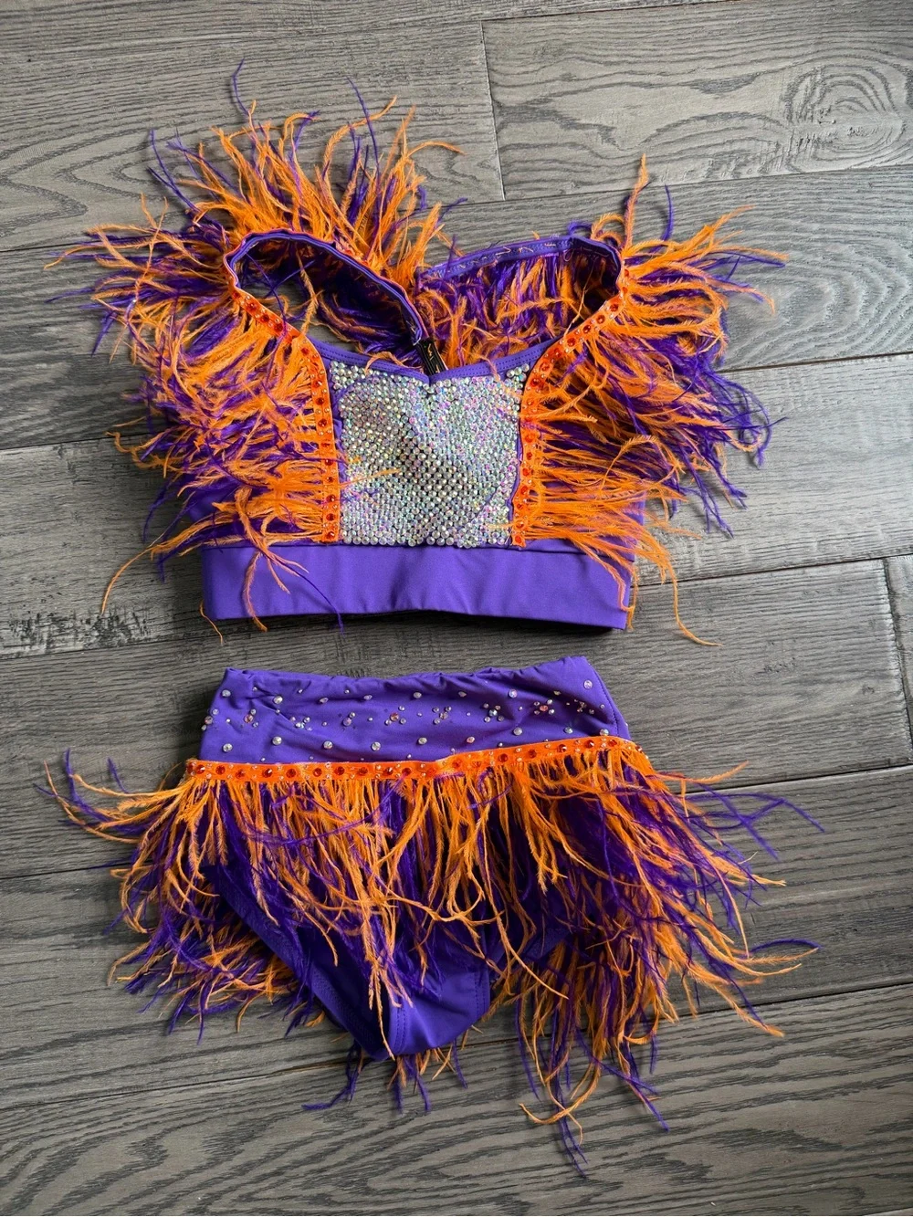Kids Purple and Orange Feather Dance Costume Top and Bottom Set Custom Made