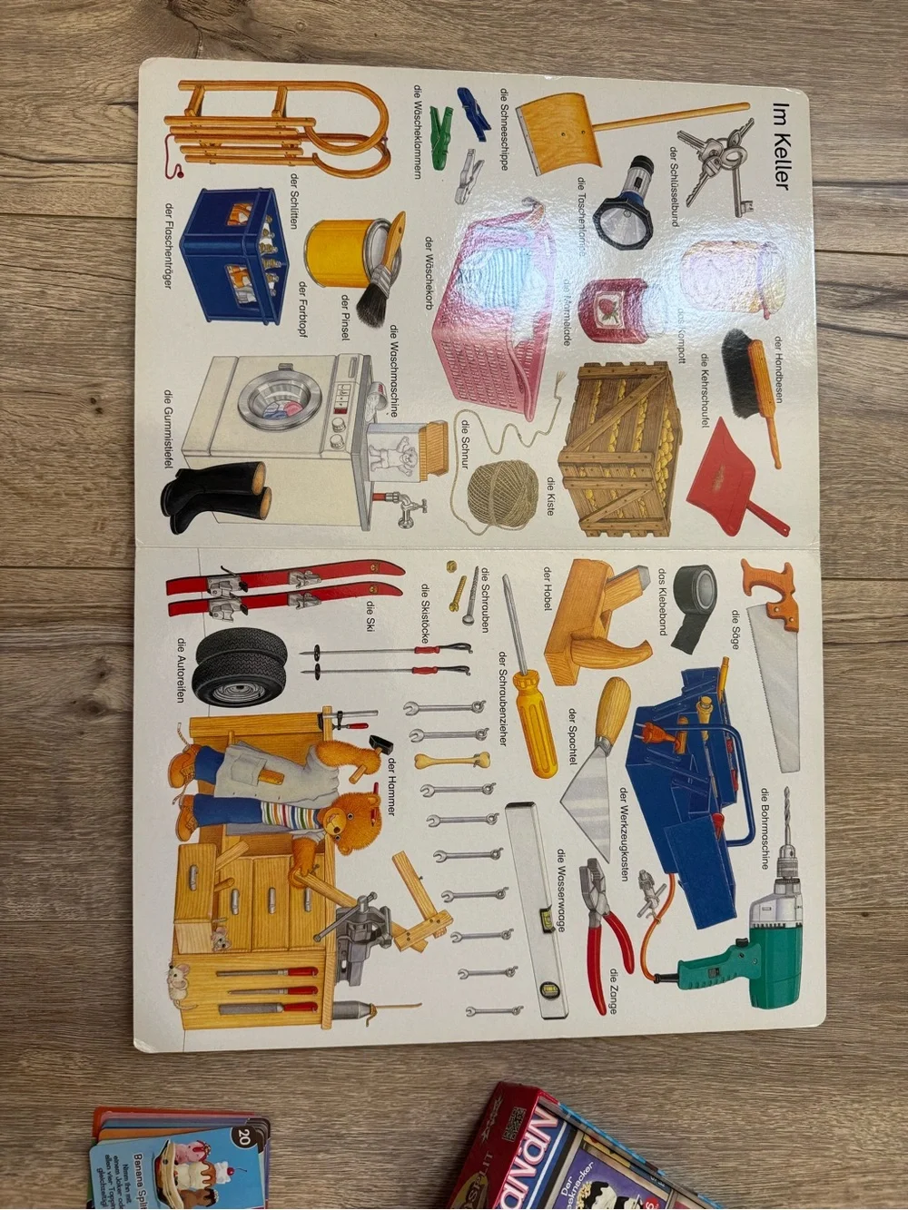 German learning books and banana spilt game