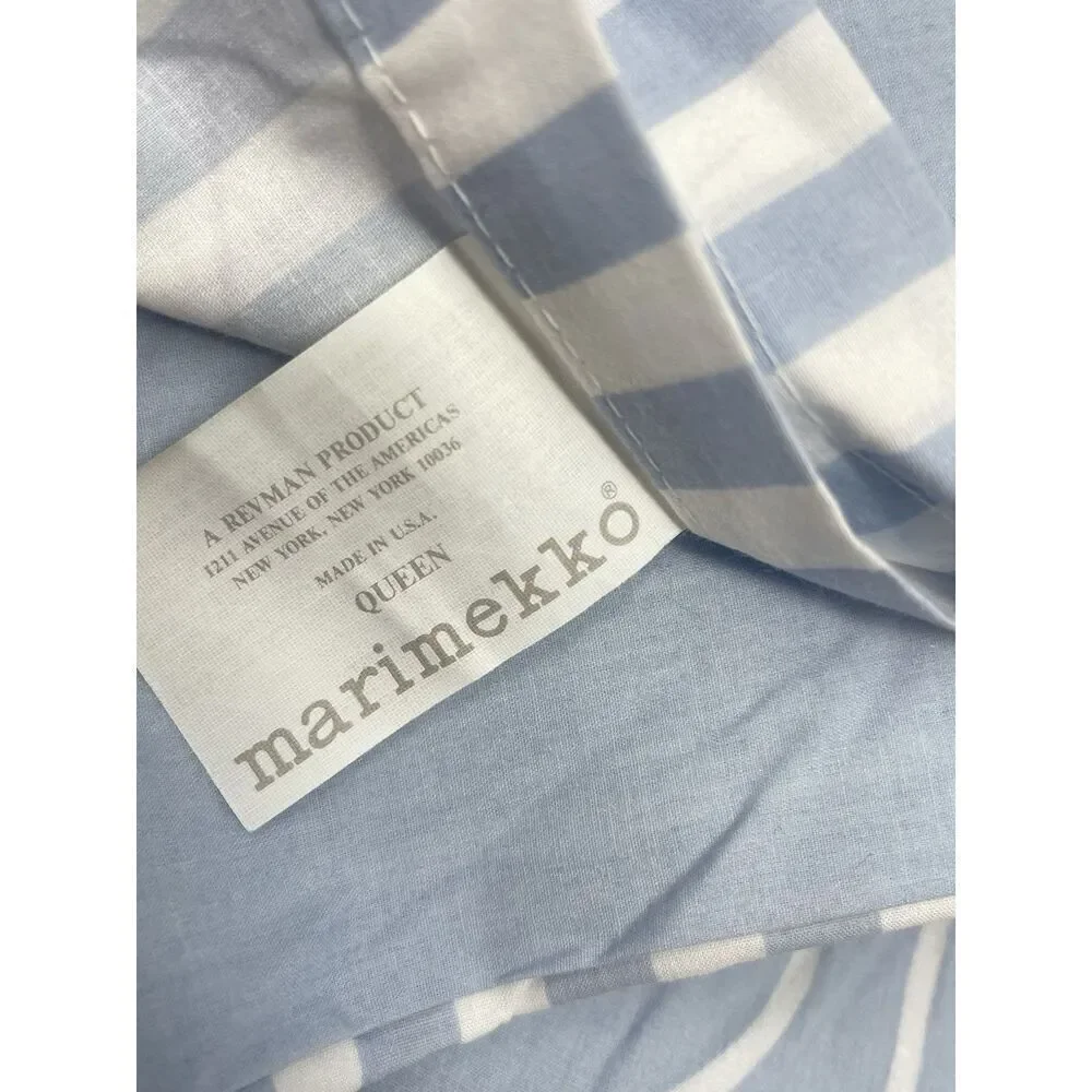 Vintage Marimekko Queen Flat Sheet Revman Product Blue White Stripe Cotton Blend