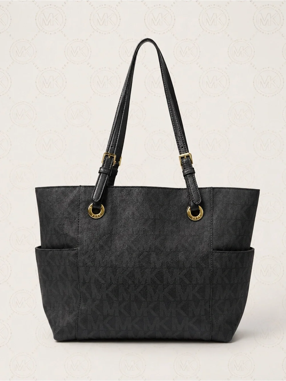 Michael Michael Kors Jet Set Black Logo Jacquard Tote Gold Hardware