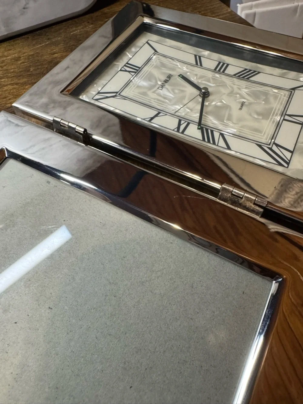 Danbury Quartz Desk Clock w Photo Frame Silver Tone Folding Frame