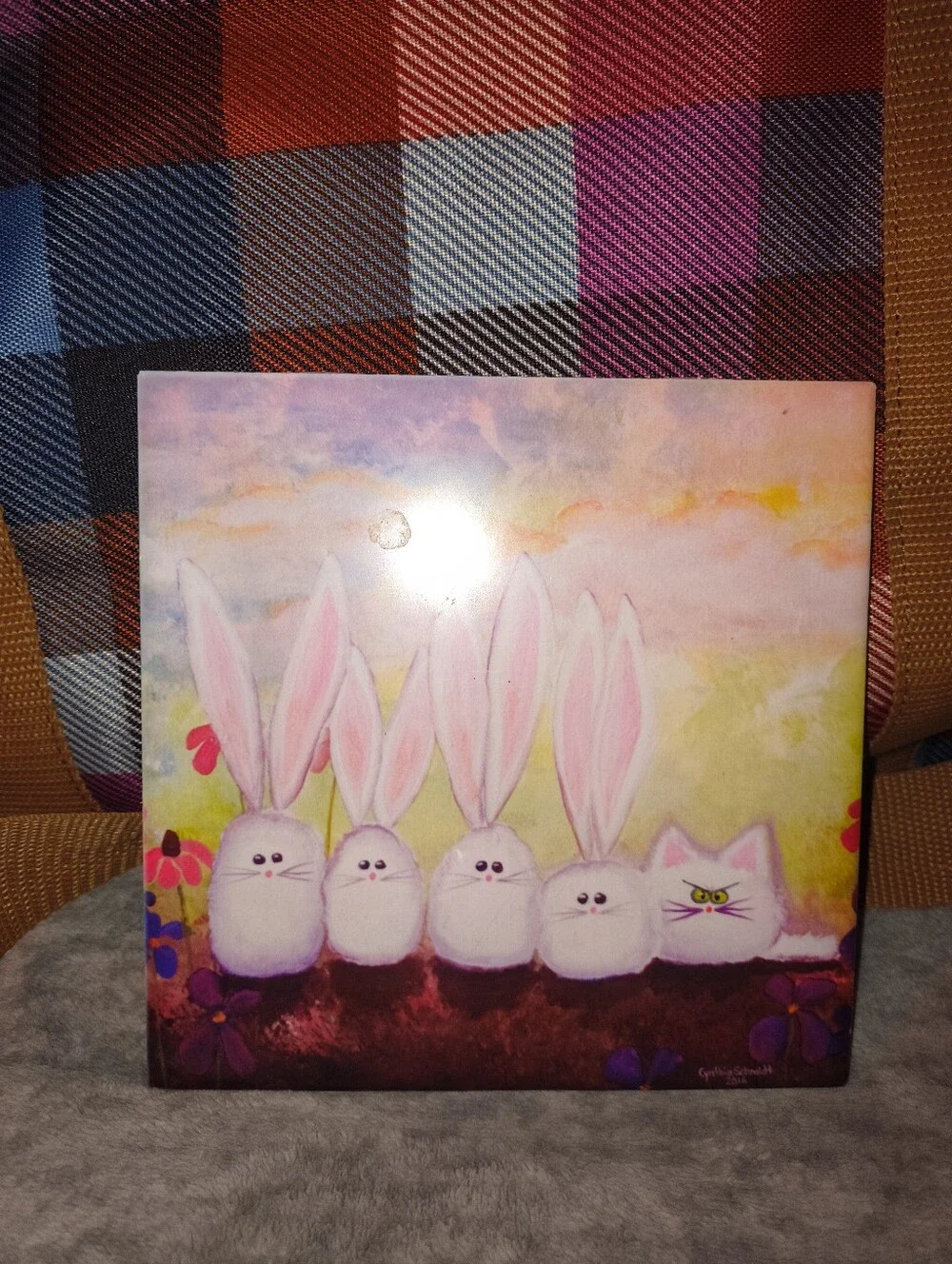 Cranky Cat Canvas Art - Pastel Pink Accents