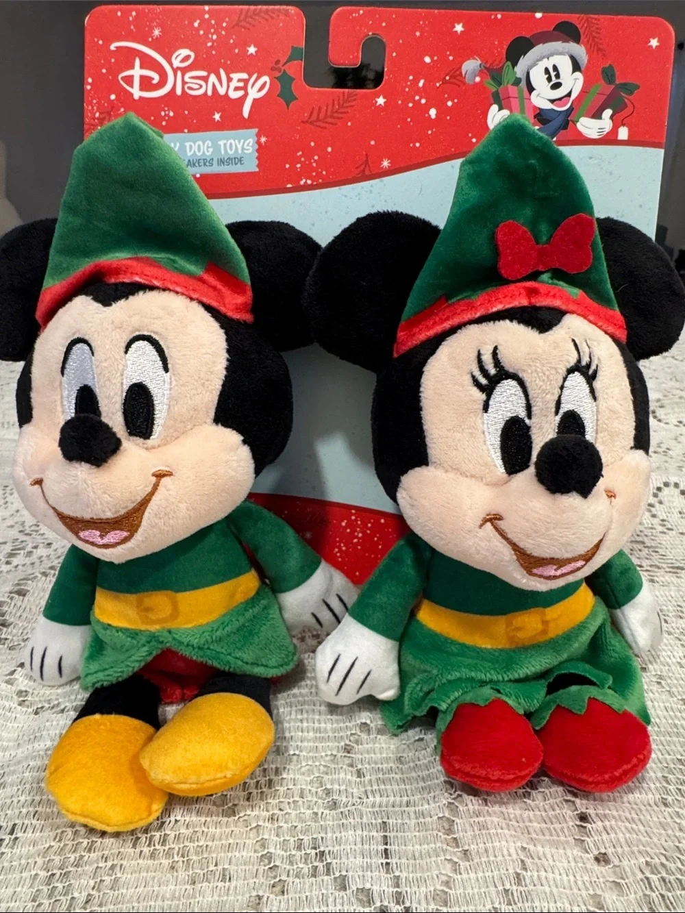Disney Mickey and Minnie Mouse holiday elf plush dog toys with squeakers NEW