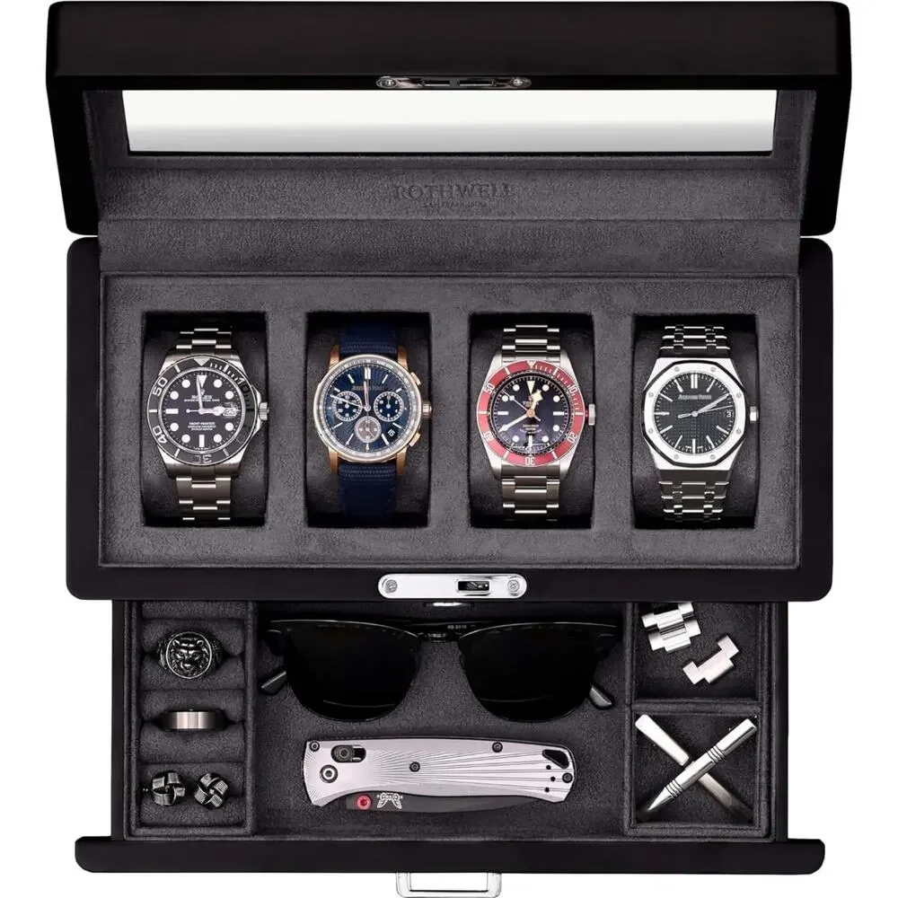 ROTHWELL 4 Slot Leather Watch Box with Valet Drawer - Medium, Blue/Grey NEW NIB
