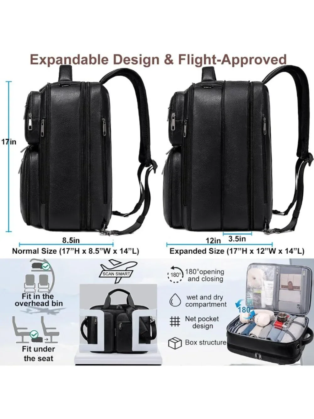 3-in-1 Vegan Leather Convertible Laptop Bag - Expandable Travel Backpack