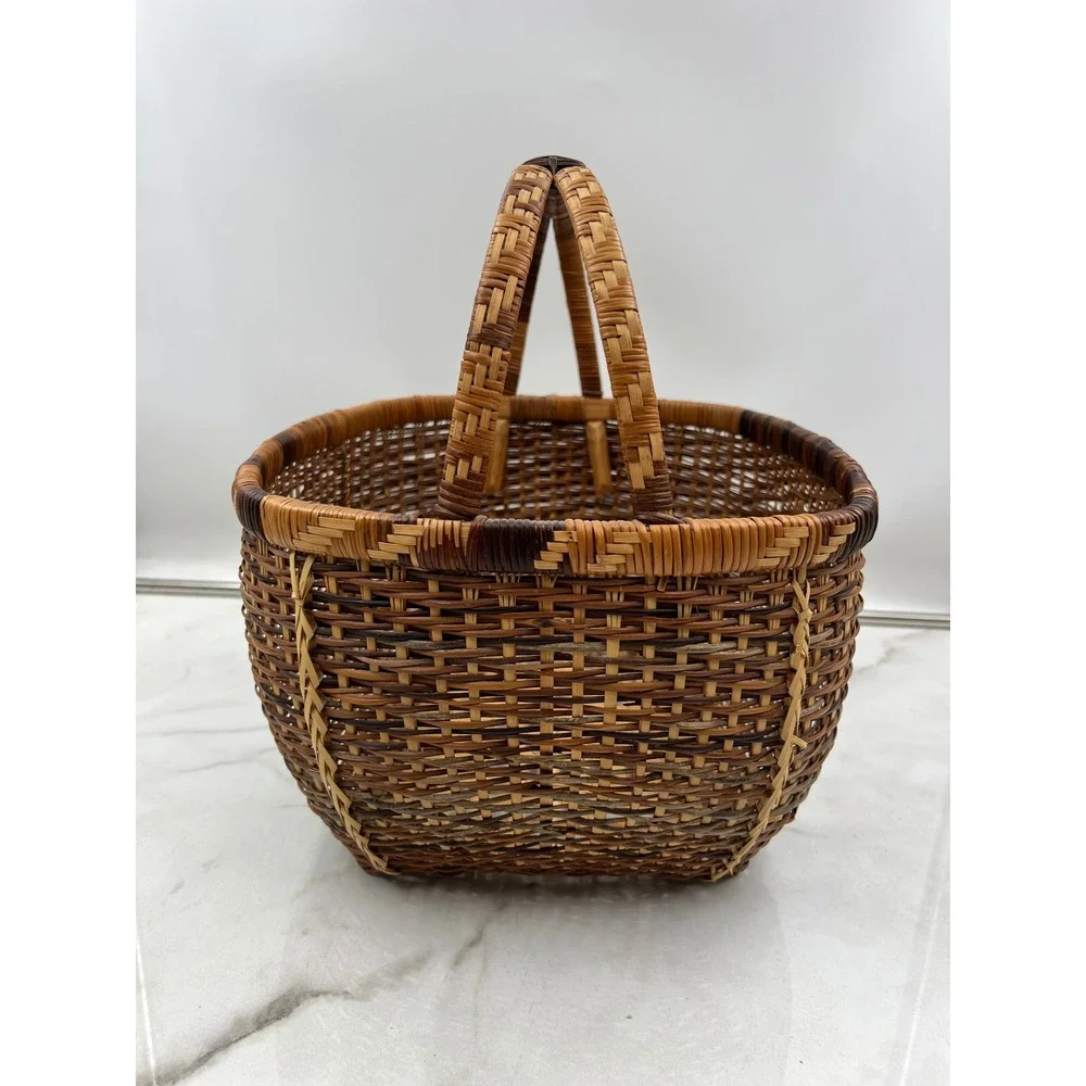 Vintage Handwoven Wicker Basket Rectangular Brown Tan Storage Decor with Handle