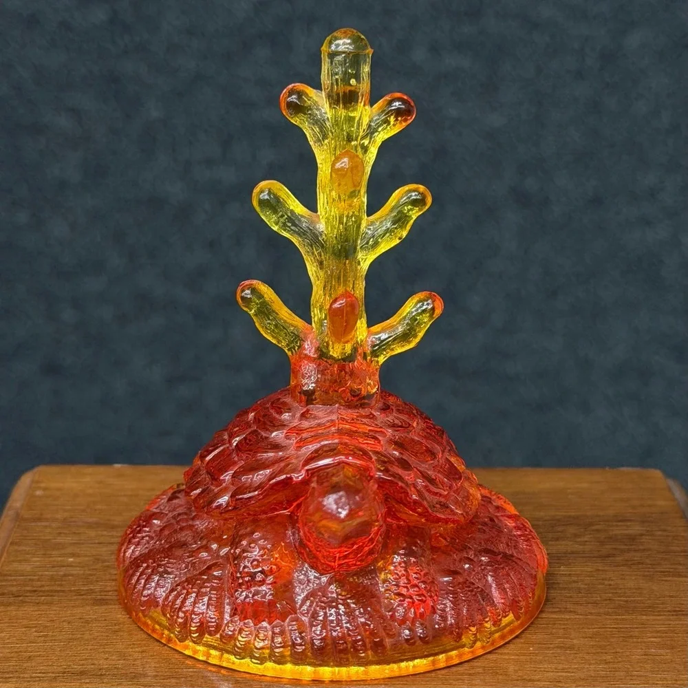Vintage Fenton Amberina Glass Ring Tree Holder Turtle Shape Red Yellow Cadmium