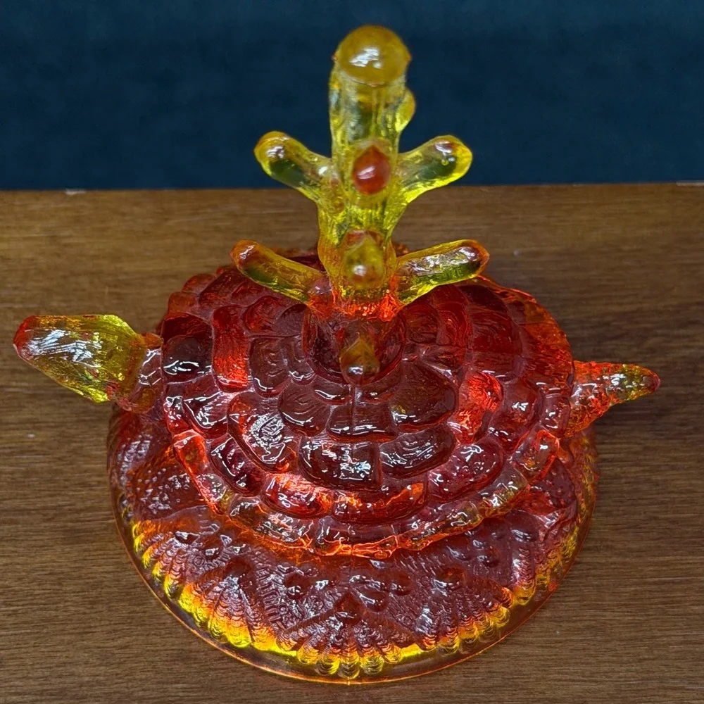 Vintage Fenton Amberina Glass Ring Tree Holder Turtle Shape Red Yellow Cadmium