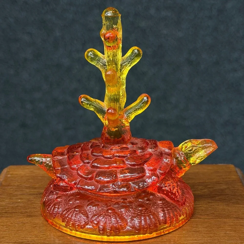 Vintage Fenton Amberina Glass Ring Tree Holder Turtle Shape Red Yellow Cadmium