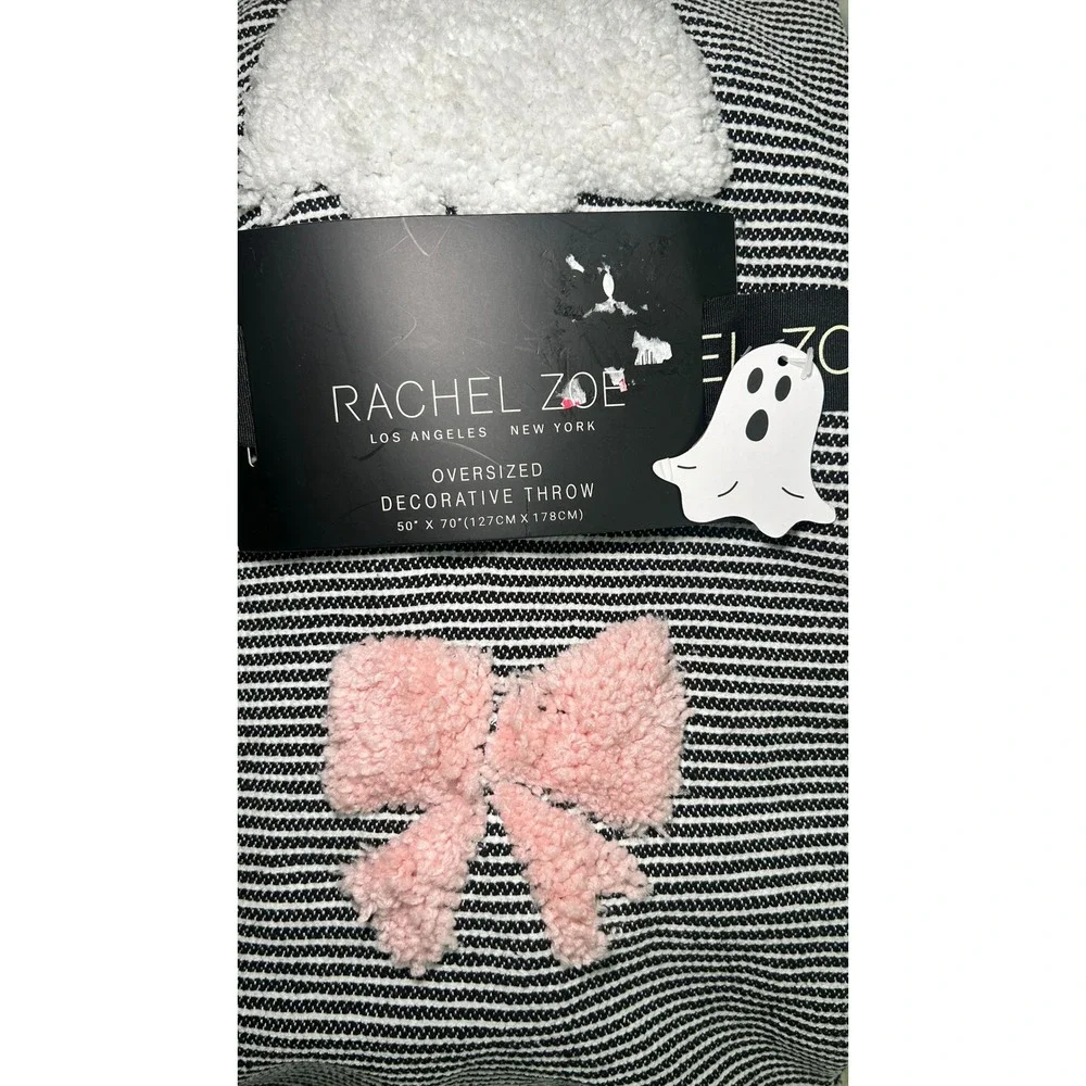 Rachel Zoe Ghost Bow Throw Blanket 50x70 Black White Pink Striped Tassel NEW