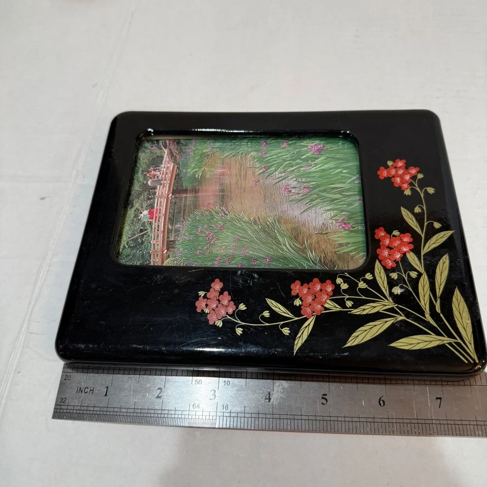 Vintage Made in Japan Black Lacquer Cherry Blossom Picture Frame Sakura Oriental