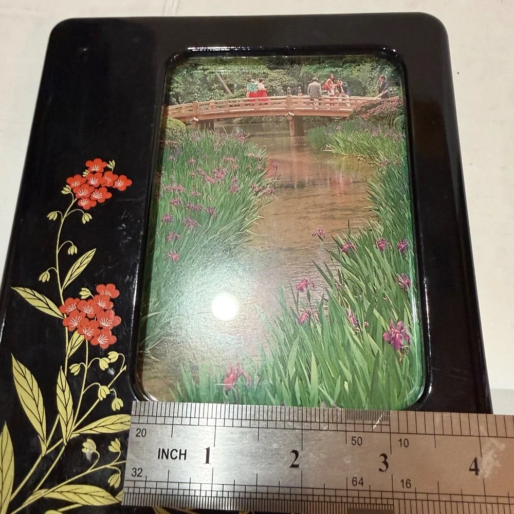 Vintage Made in Japan Black Lacquer Cherry Blossom Picture Frame Sakura Oriental