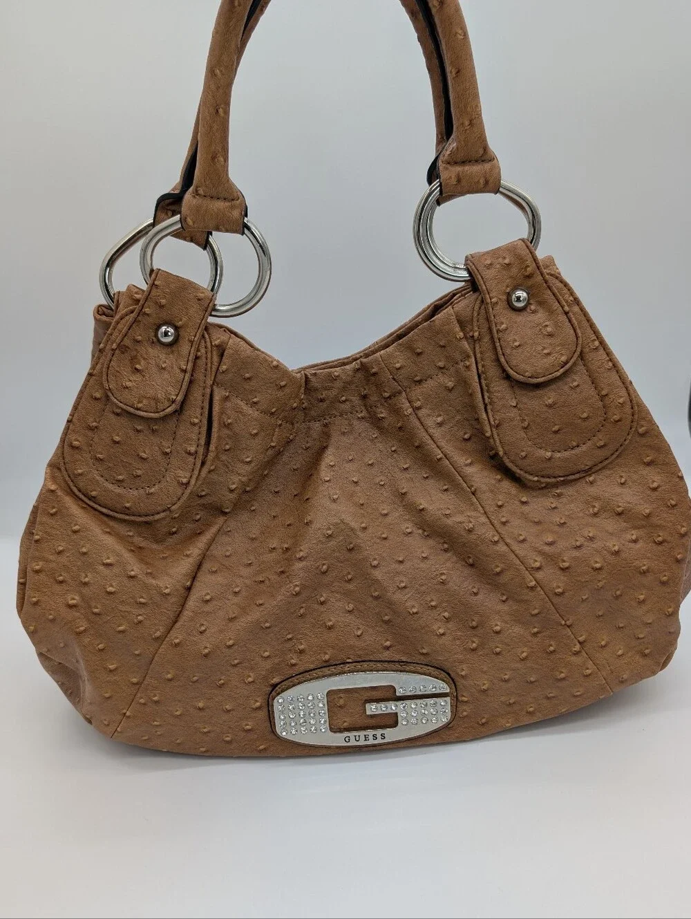 GUESS Faux Ostrich Embossed Leather Hobo Bag Tote Vintage Y2K Rhinestone G Logo