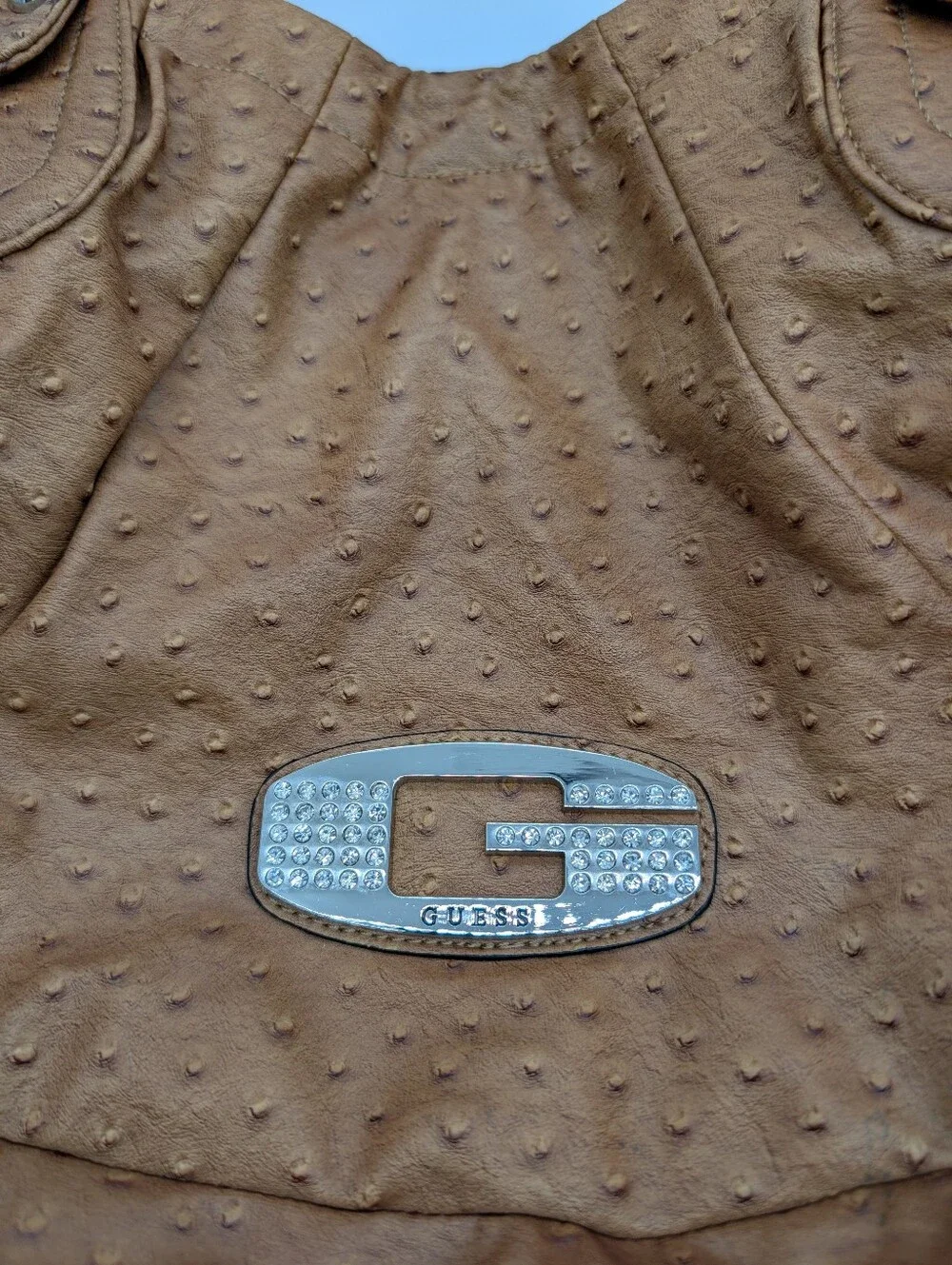 GUESS Faux Ostrich Embossed Leather Hobo Bag Tote Vintage Y2K Rhinestone G Logo