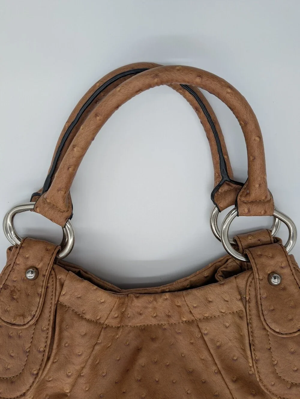GUESS Faux Ostrich Embossed Leather Hobo Bag Tote Vintage Y2K Rhinestone G Logo