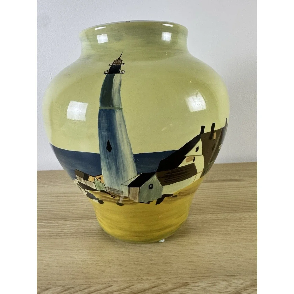 Hand Painted Lighthouse Ceramic Vase Coastal Nautical Seascape Large Yellow Blue