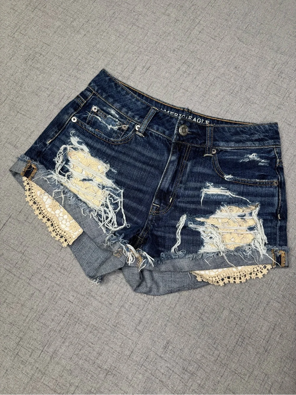 American Eagle Outfitters Hi Rise Festival Jean Shorts Lace Destroyed Size 2/4