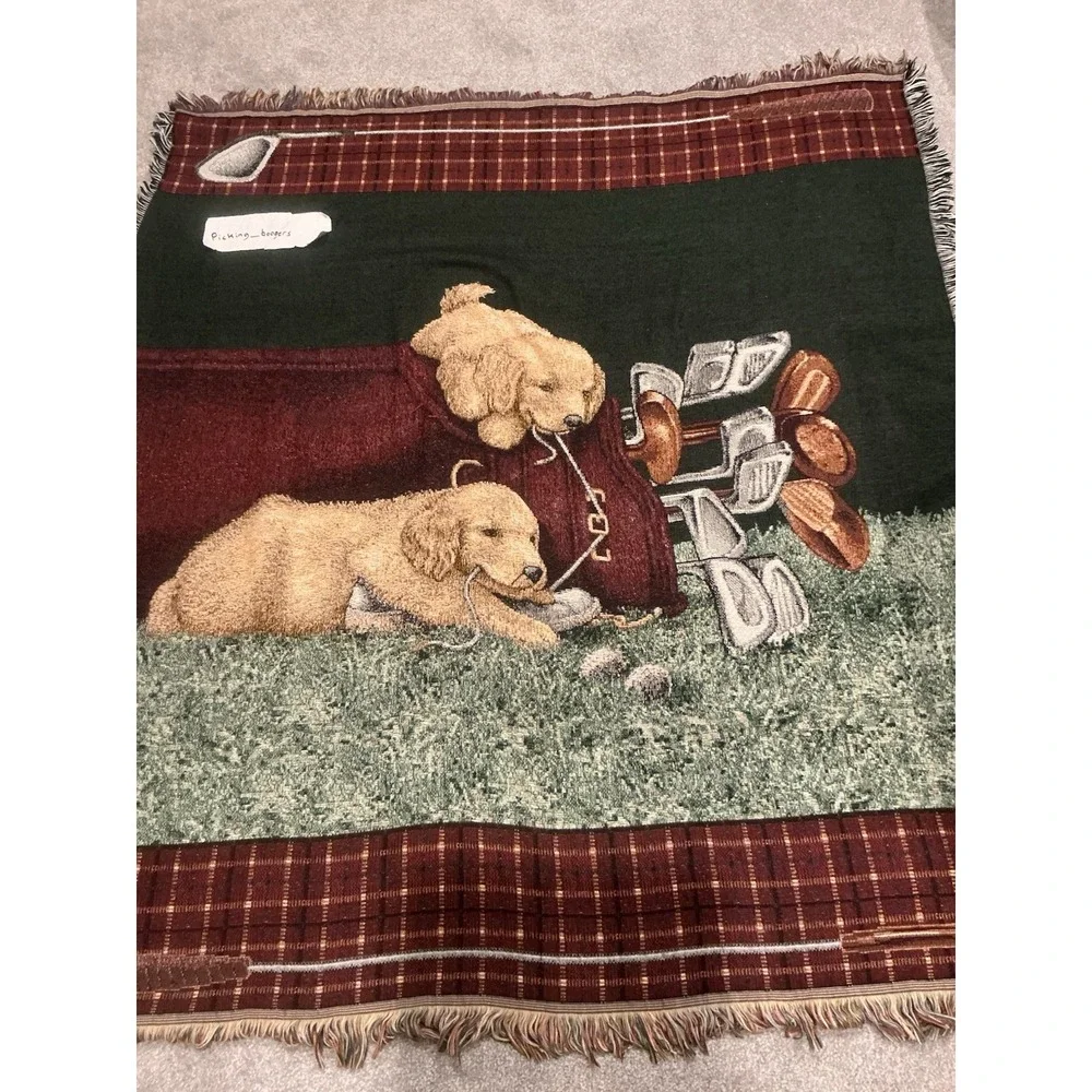 Two Puppy Golden Retriever and golf themed tapestry‎ throw blanket