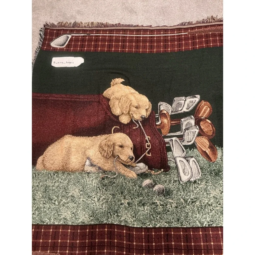 Two Puppy Golden Retriever and golf themed tapestry‎ throw blanket