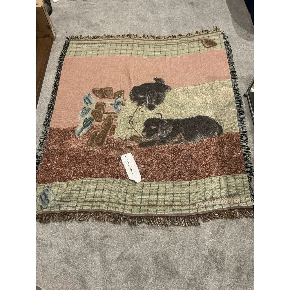 Two Puppy Golden Retriever and golf themed tapestry‎ throw blanket