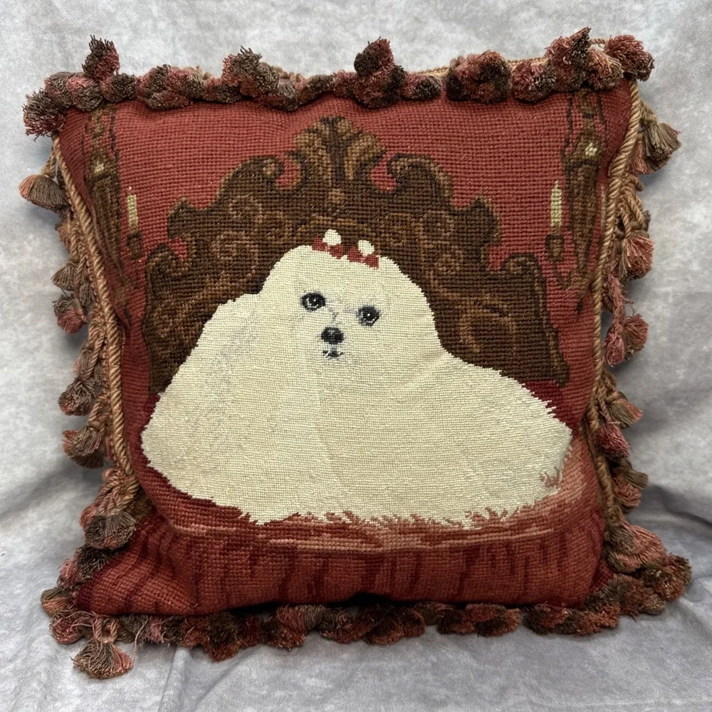 Vintage Handmade Needlepoint White Dog Maltese 15