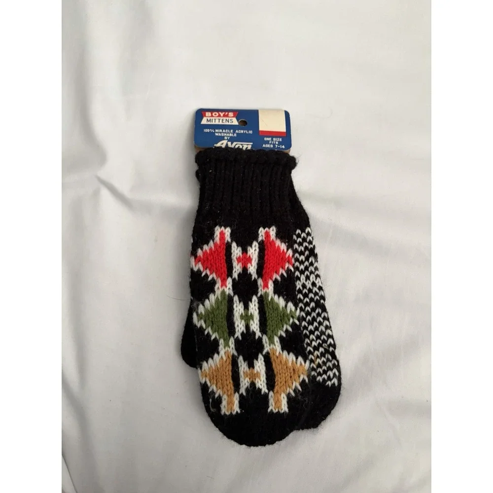 Avon Boys Mittens Black Geometric Pattern Acrylic One‎ Size Ages 7-14