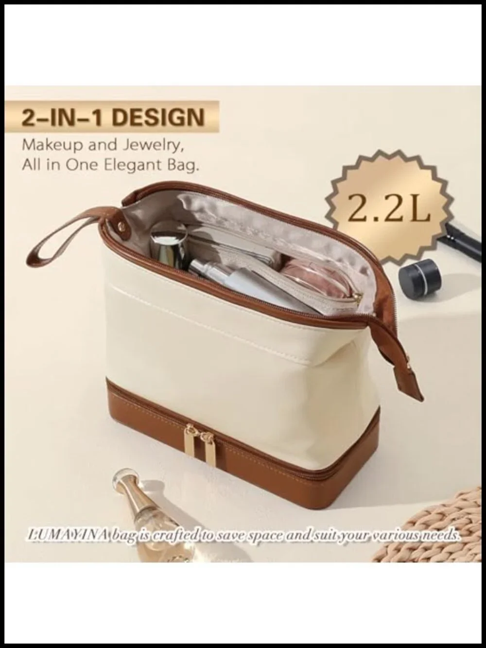 2-in-1 Jewelry Box and Makeup Bag with Mirror, Waterproof PU Leather Travel