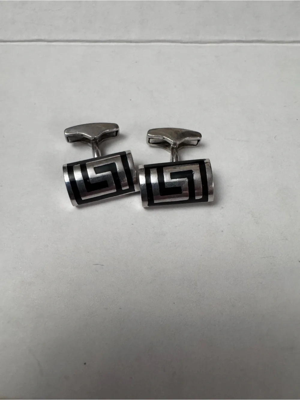 Vintage 925 Sterling Silver Greek Key Meander Cufflinks – Black Enamel