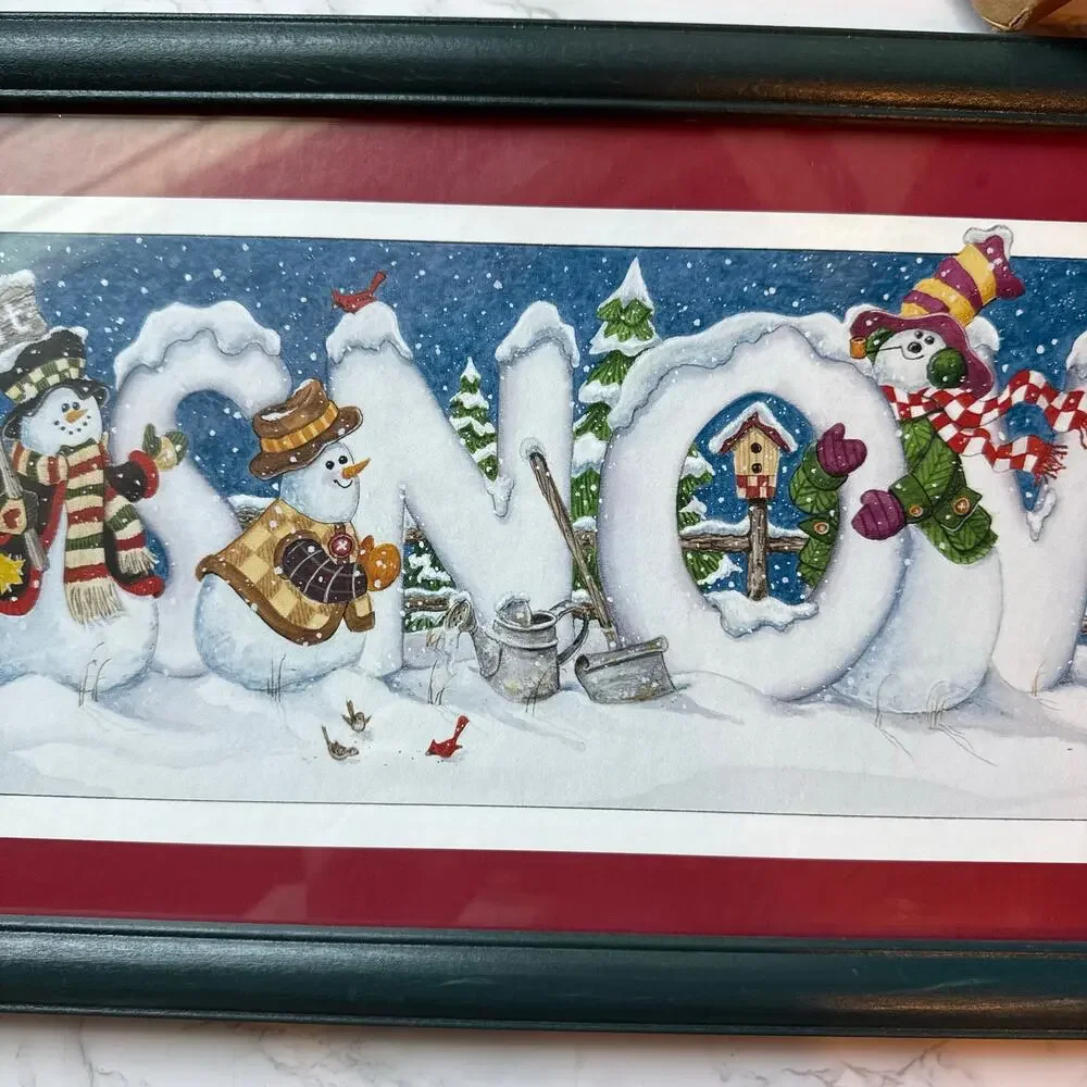 VTG Snowman SNOW Wall Art Decor Framed Print Home Interiors