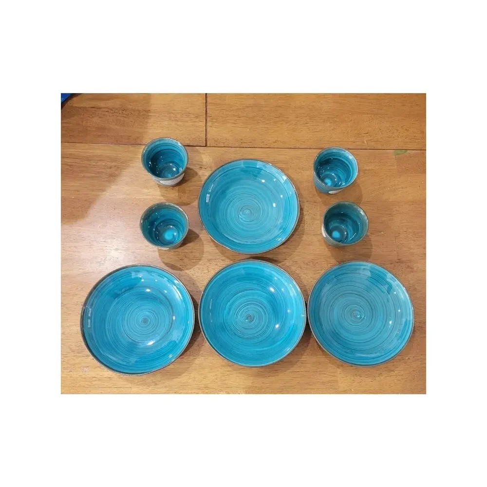 Pier 1 Japan Pottery‎ Dish Set Blue Crackle Glaze Plates Cups 4pc Set
