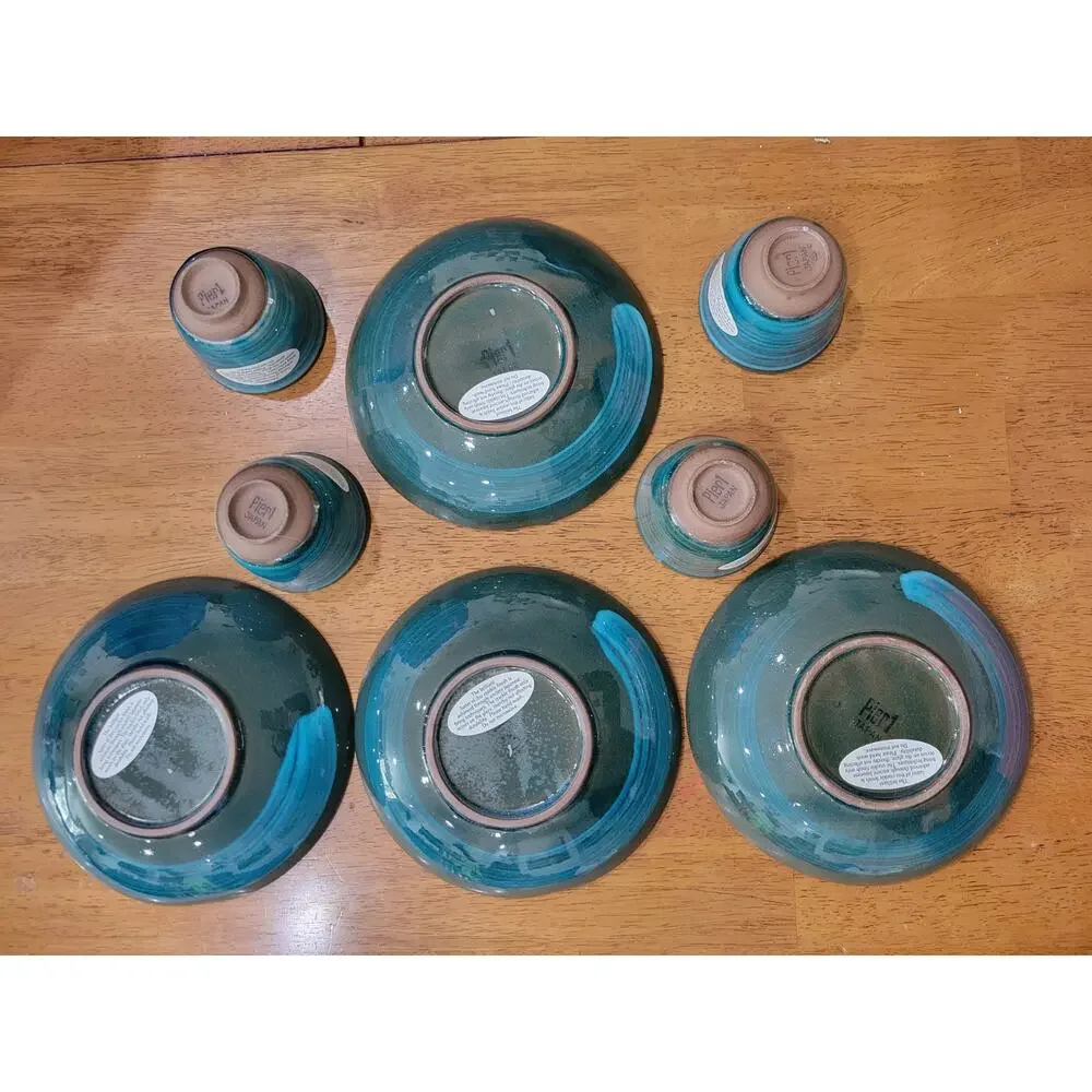 Pier 1 Japan Pottery‎ Dish Set Blue Crackle Glaze Plates Cups 4pc Set
