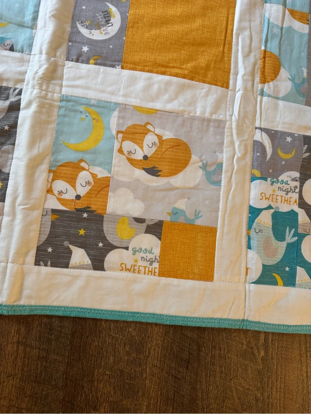 Handmade Baby Quilt in Teal, Mustard & Gray 44” x 44”