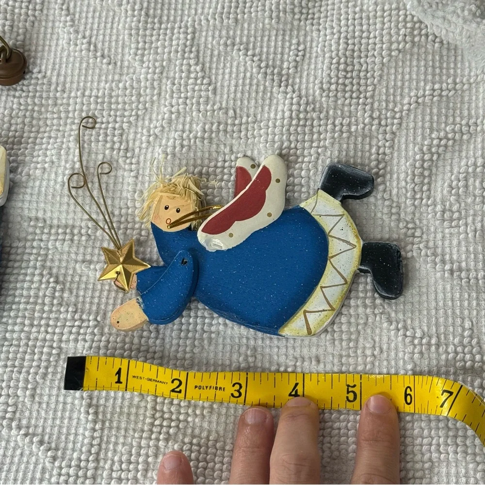 Vintage Primitive Wood Christmas Ornaments Set Angel Flying‎ Blue Mitten Heart