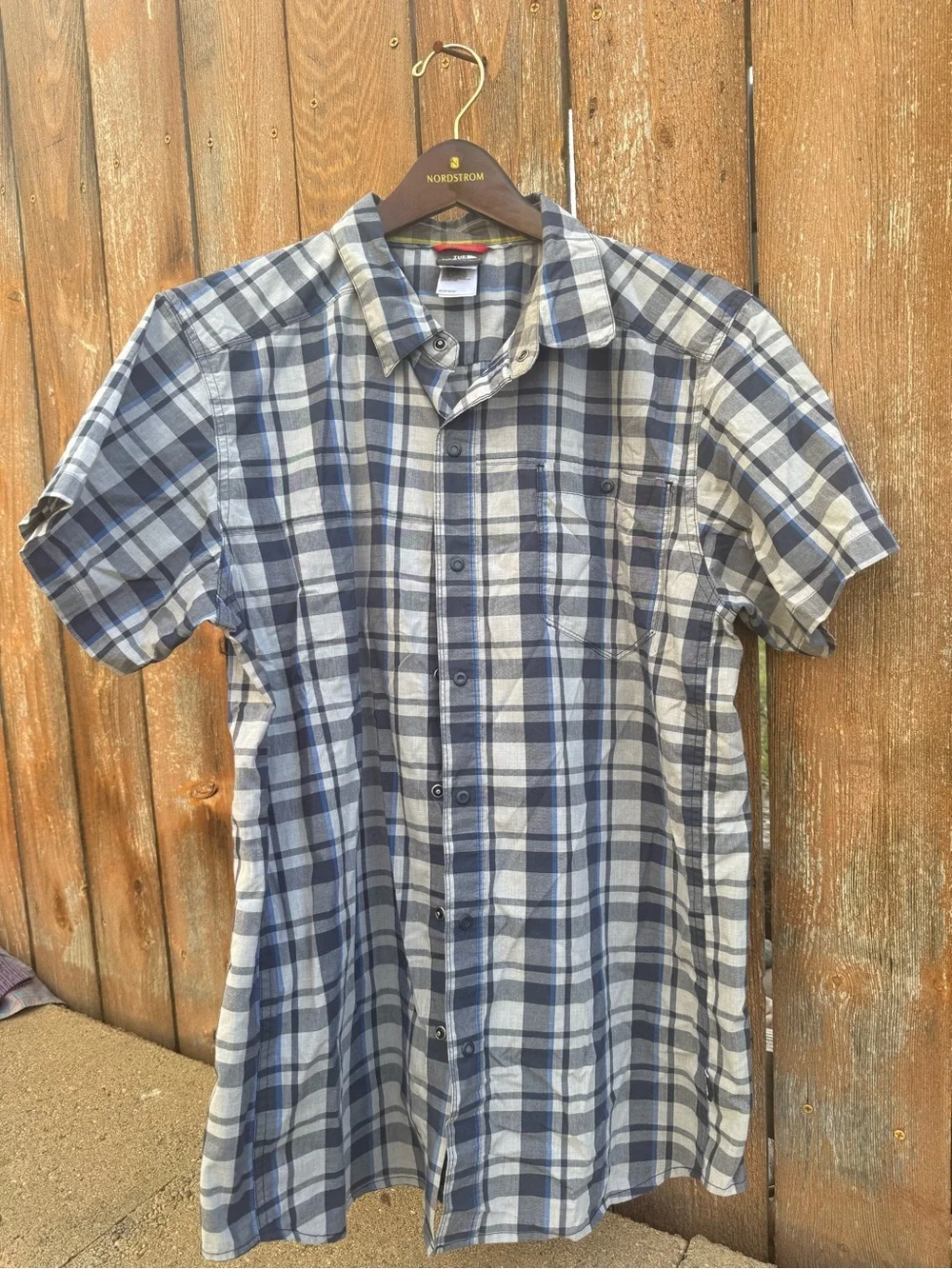 North Face Men's Blue Gray Plaid Short Sleeve Snap Button Down Shirt Size Large