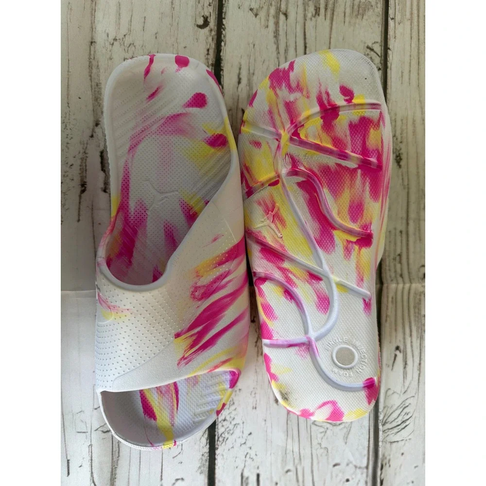 Jordan Play Slides White Pink Yellow Marble Swirl Foam Sandals DQ0690-600 Mens 9