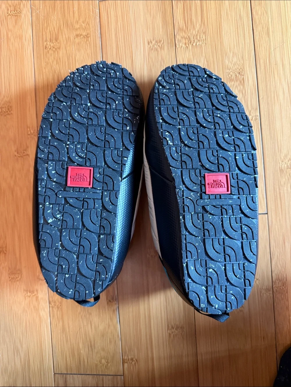 The North Face Cream Quilted Slip-On Slippers with Teal and Pink Accents