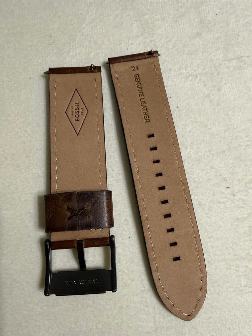 24mm Fossil Brown Leather Watch Band with Dark Metal Buckle