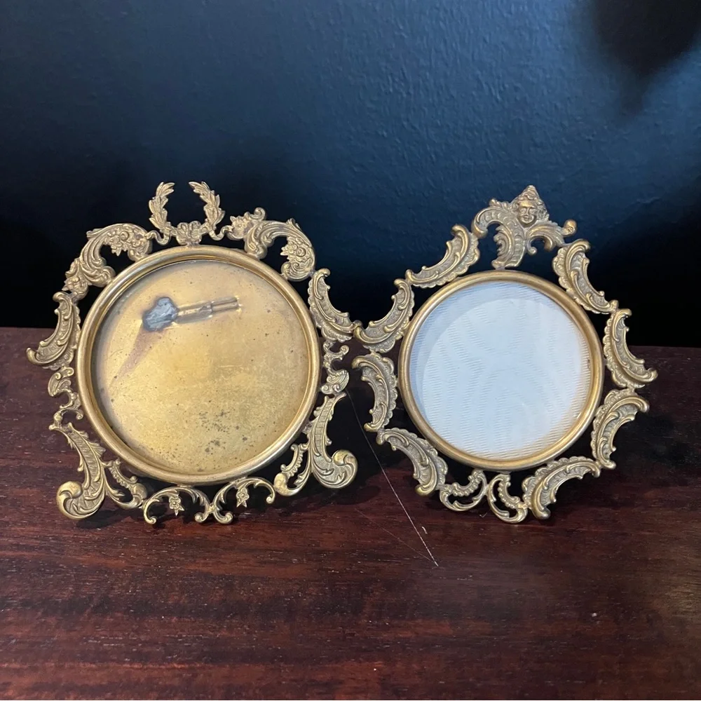 2 Antique Victorian / Edwardian Miniature Metal Gilt Frames Wreath & Gibson Girl