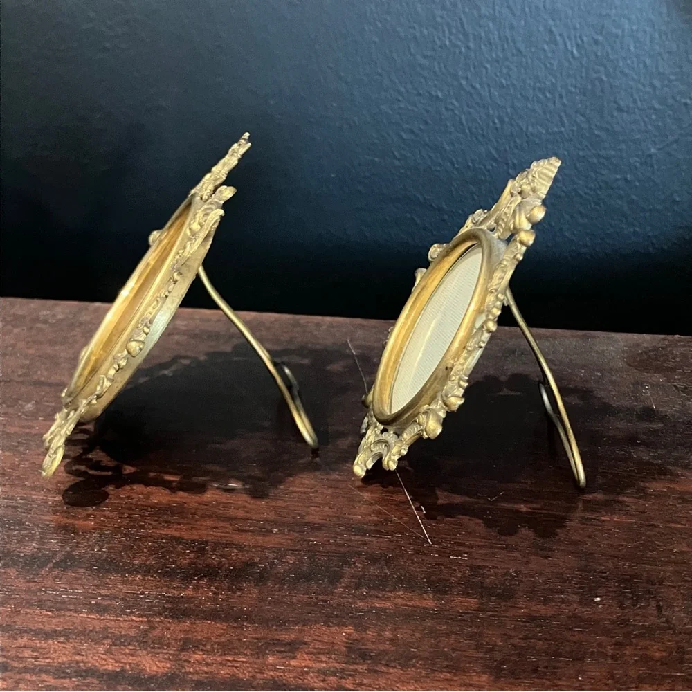 2 Antique Victorian / Edwardian Miniature Metal Gilt Frames Wreath & Gibson Girl