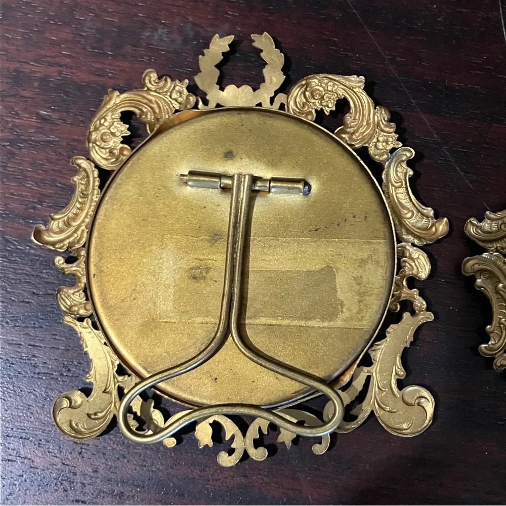 2 Antique Victorian / Edwardian Miniature Metal Gilt Frames Wreath & Gibson Girl