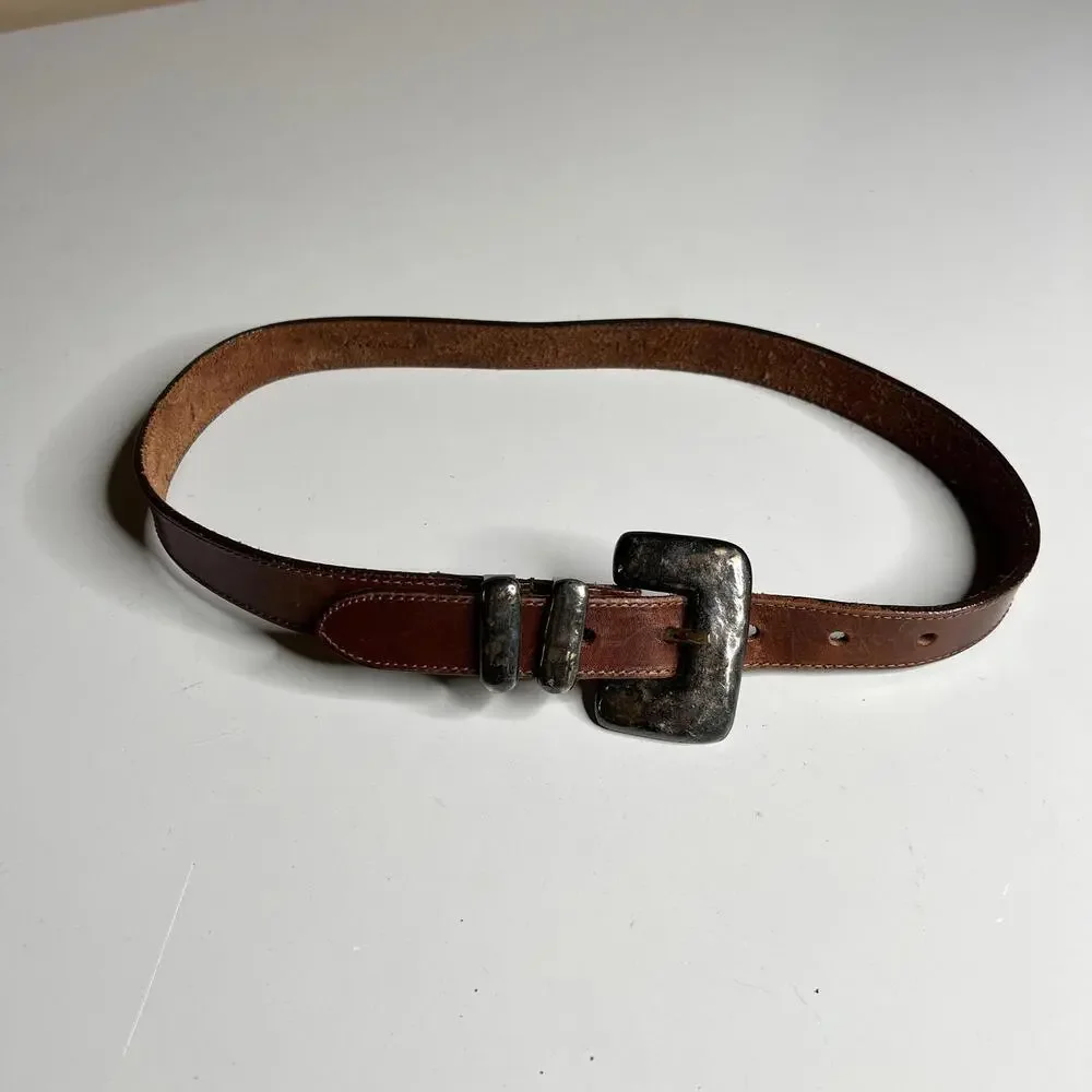 Eddie Bauer Leather Belt‎ Mens 34 Brown Silver Buckle Casual Distressed Classic