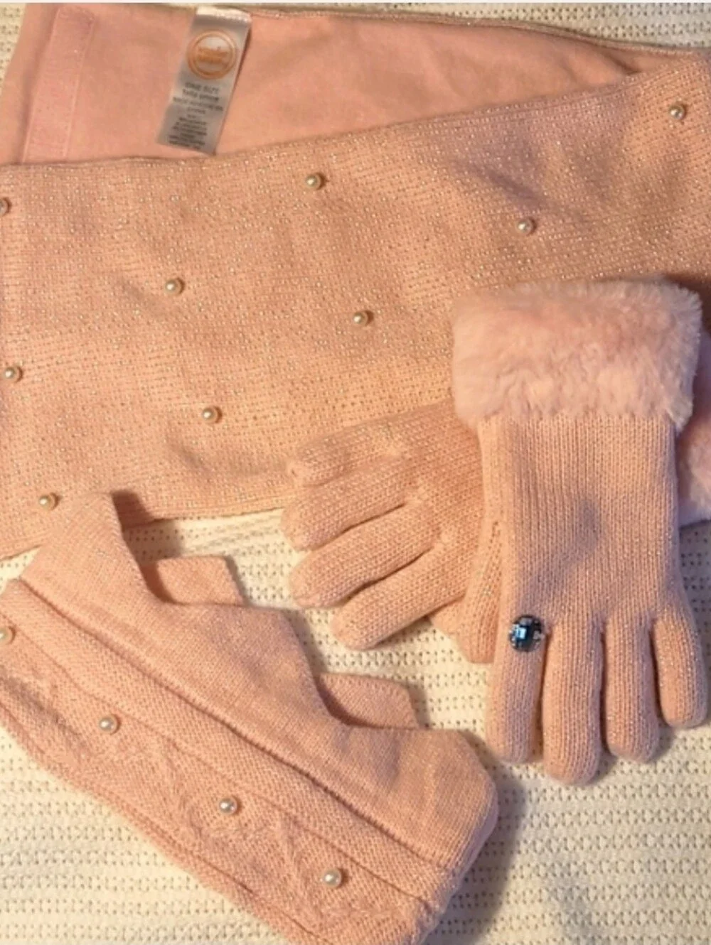 Girls winter warm acrylic dressy pink gloves scarf headband set faux pearl & fur