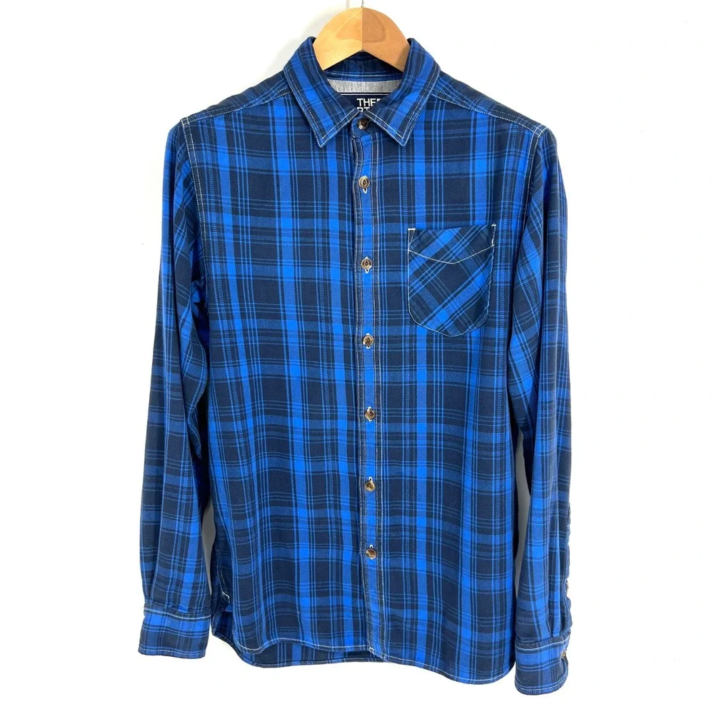 The North Face Mens Blue Plaid Flannel‎ Long Sleeve Button Down Shirt Small