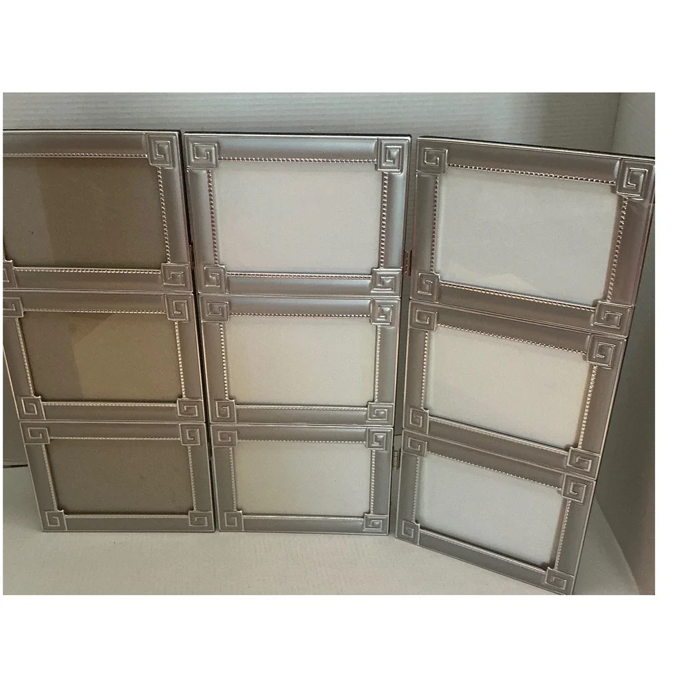 Silver Tri-Fold 9-Opening Picture Frame Greek Key Detail Large Modern