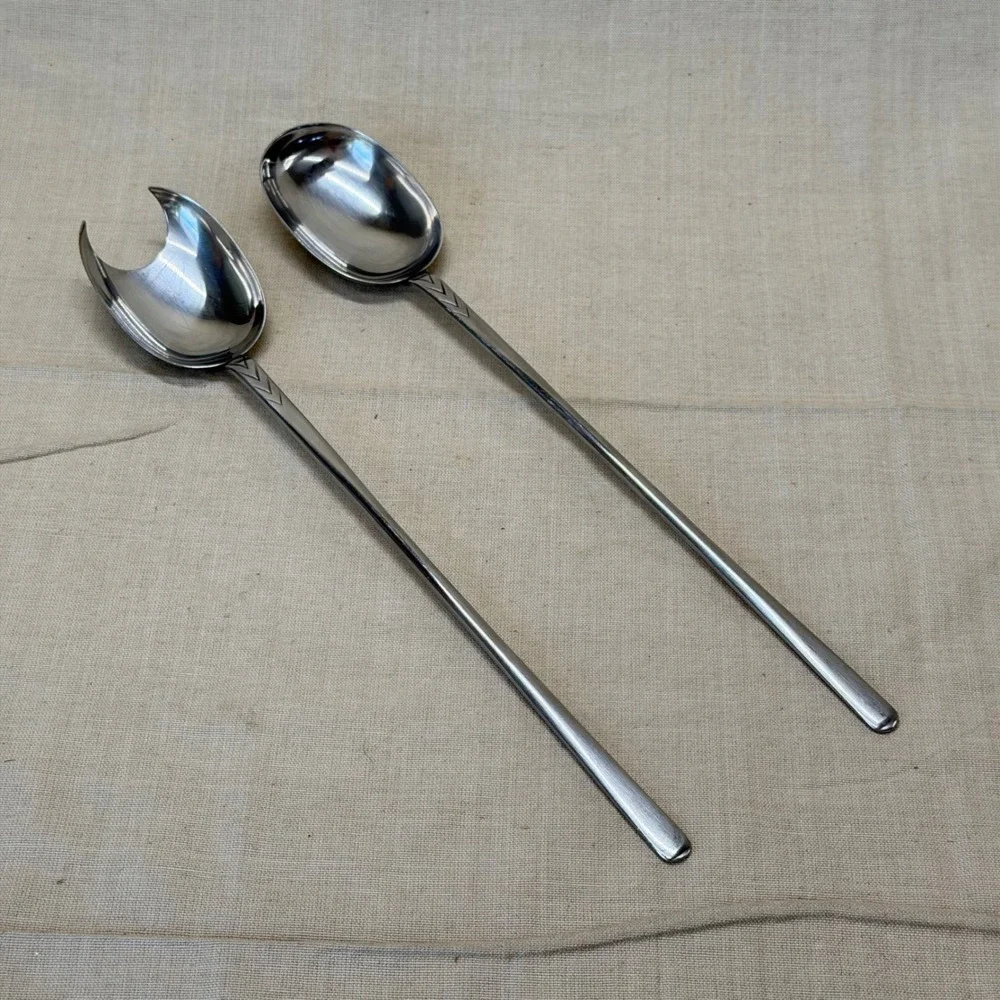 Vintage Danish Stainless Steel Salad Serving Set Scandinavian Utensils MCM