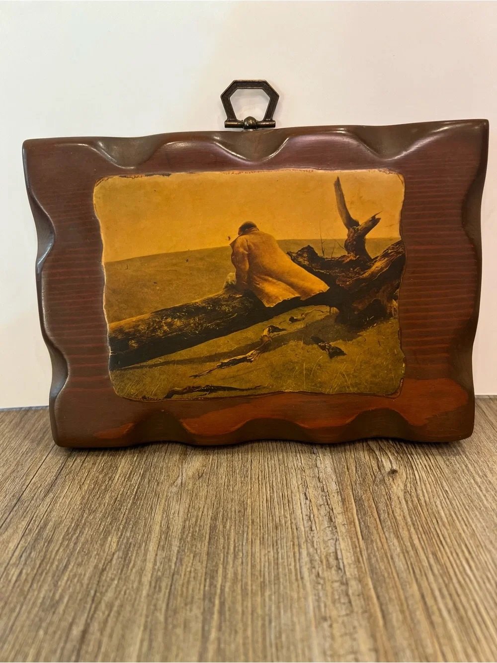 Vintage wood plaque featuring April Wind picture art- brown